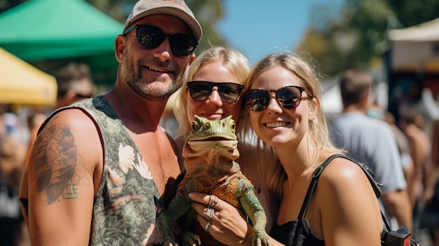 Photo un couple avec son iguane de compagnie