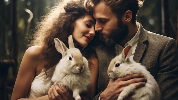 Photo un couple avec son lapin en arrière-plan