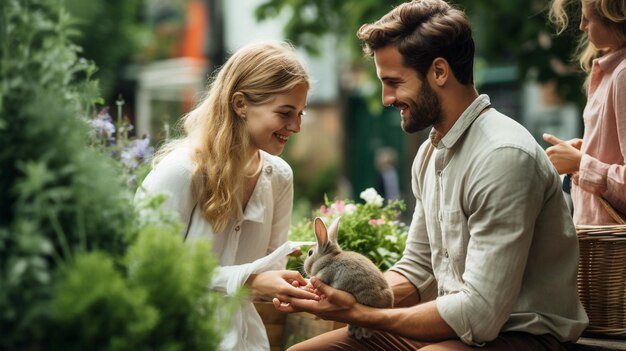 Photo un couple avec son lapin en train de joindre le papier peint