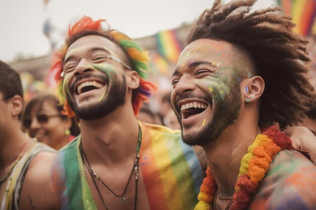 Couple souriant célébrant au défilé de la fierté gay LGBTQ à Sao Paulo Pride Month au Brésil