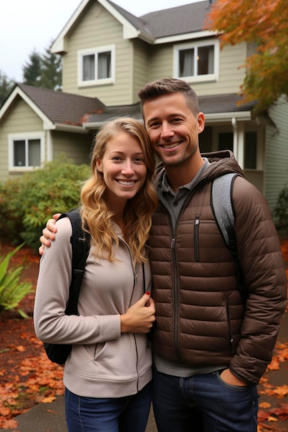 Un couple souriant avec la clé de sa nouvelle maison devant leur maison