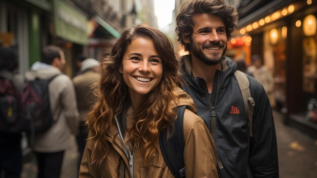 couple souriant dans une rue de la ville avec des gens marchant par Generative AI