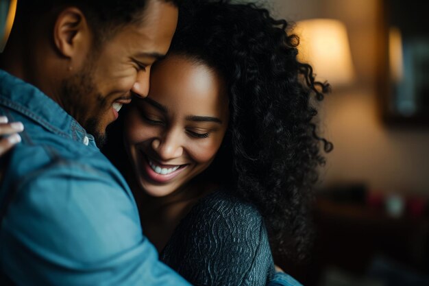 Un couple souriant dansant et s'embrassant dans le salon.