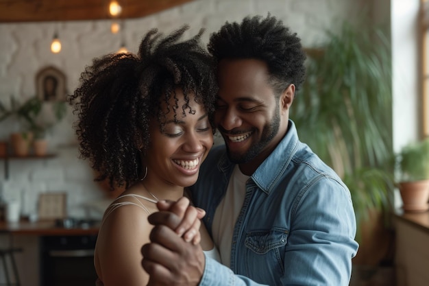 Un couple souriant dansant et s'embrassant dans le salon.