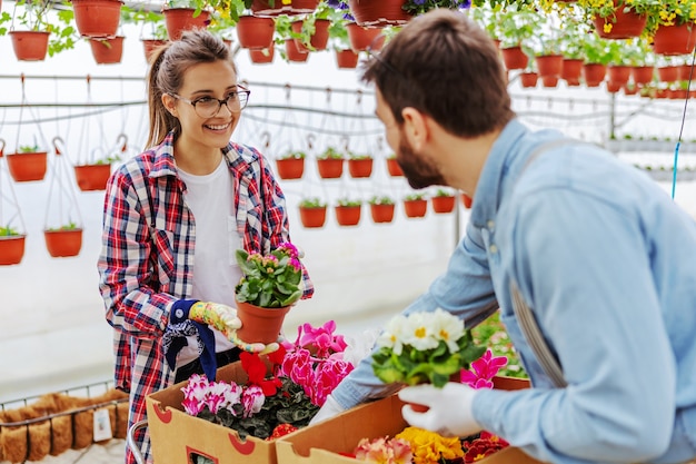 Couple souriant debout dans la serre et prendre des fleurs dans des boîtes.