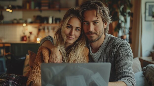 Un couple souriant gère ses finances ensemble sur un ordinateur portable