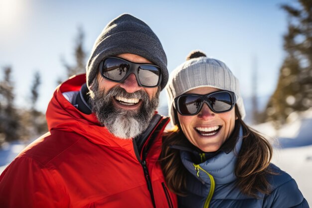 Un couple souriant immergé dans la nature enneigée lors d'une aventure de ski de fond