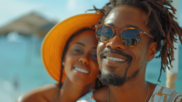 Un couple souriant portant des lunettes de soleil et un chapeau sur une plage ensoleillée