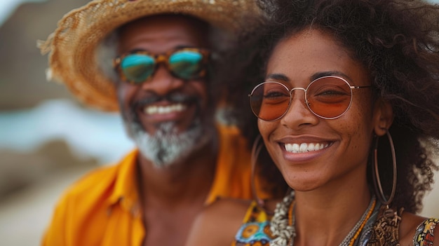 Un couple souriant portant des lunettes de soleil sur la plage Portrait en gros plan avec effet bokeh