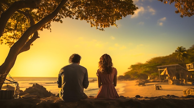 Un couple souriant profite du coucher de soleil sur une plage tropicale générée par l'IA