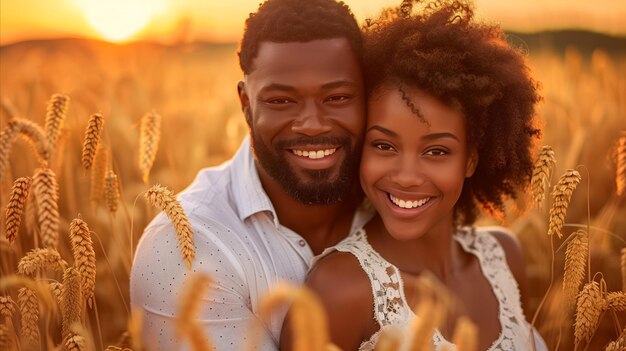 Un couple souriant s'embrasse dans un champ de blé doré au coucher du soleil