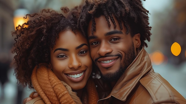 Un couple souriant s'embrasse par une soirée froide en ville