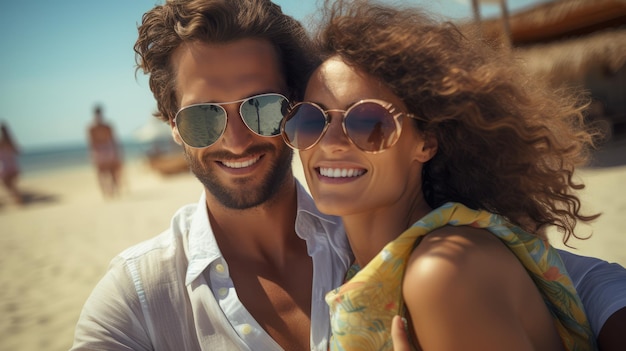 Couple souriant se détendre sur une plage ensoleillée