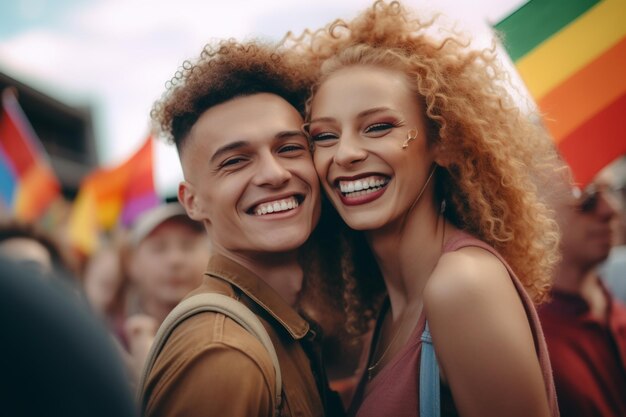 Un couple sourit à la caméra avec un drapeau arc-en-ciel en arrière-plan.