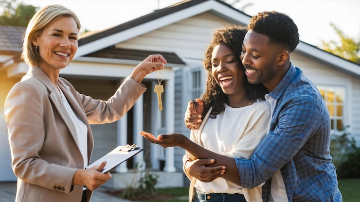 Photo un couple sourit et tient des clés avec une femme tenant un téléphone et un homme tenant un livre