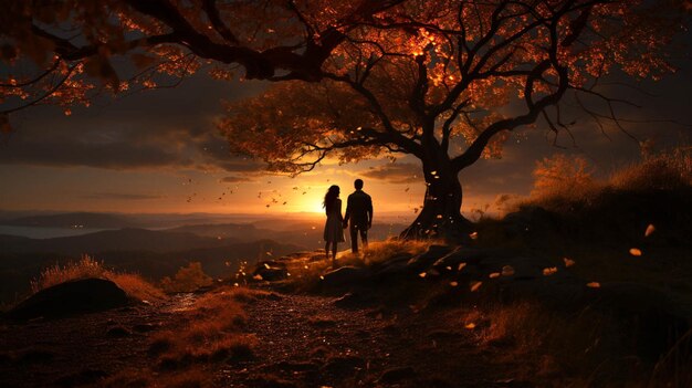 Un couple sous un arbre au coucher du soleil pour souhaiter l'amour