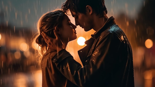 Un couple sous la pluie étreignant et embrassant.