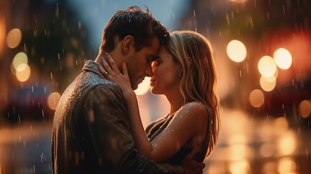 Un couple sous la pluie avec le mot love en bas à droite.