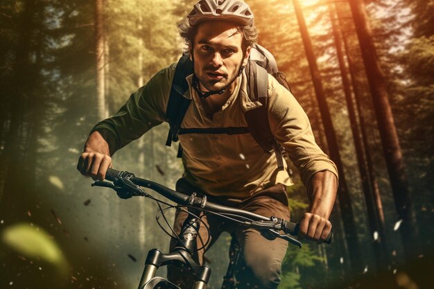 Un couple de sportifs à vélo dans la forêt d'été