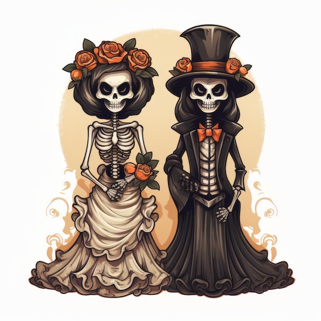 Couple de squelette et mariée en robe de mariée Illustration vectorielle