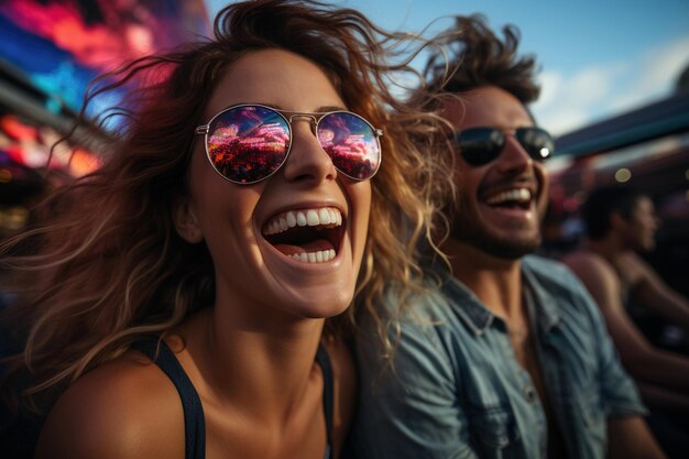 Photo un couple super heureux s'amusant sur les montagnes russes ia générative