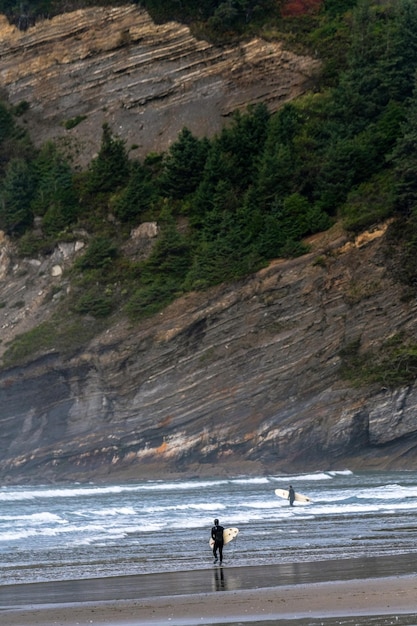 Un couple de surfeurs entre dans l'eau avec sa planche à Oswald West State Park