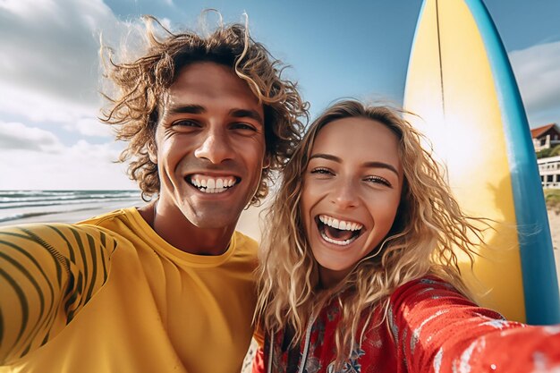 couple de surfeurs selfie sur la plage