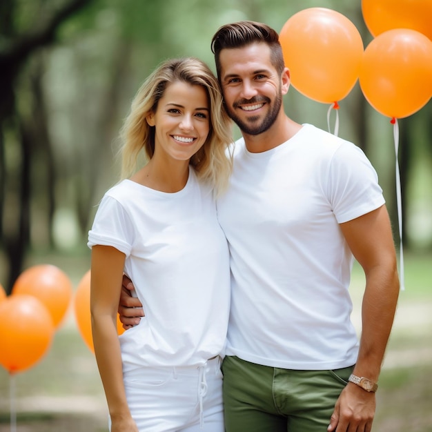 Le couple en T-shirt blanc entouré de ballons