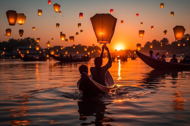 Un couple tenant une lanterne avec le soleil se couchant derrière eux