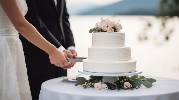 Un couple tenant la main avec un gâteau de mariage blanc sur une table à l'arrière-plan