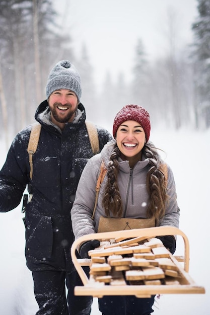 un couple tenant des traîneaux en bois dans la neige