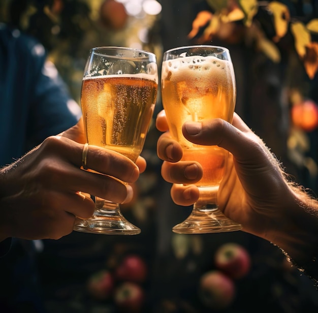 Un couple tenant des verres de bière et l'acclame