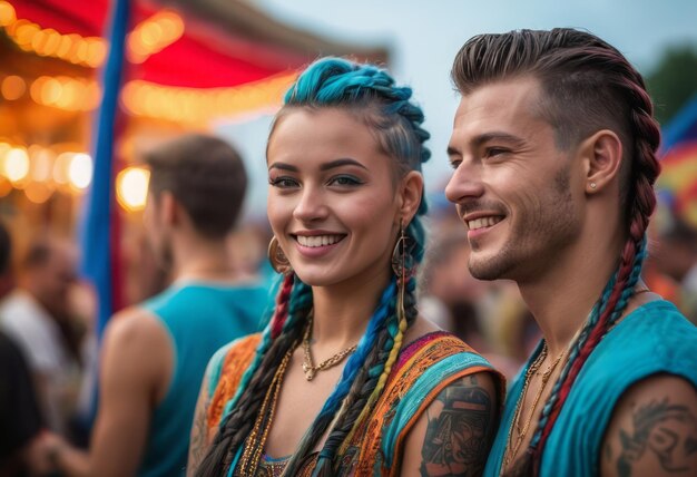 Un couple en tenue de fête vibrante profite de l'atmosphère animée