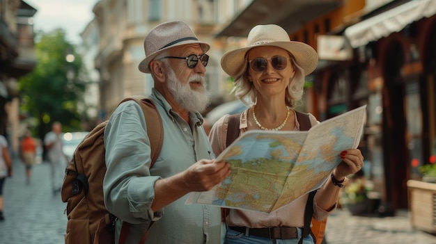 Photo un couple de touristes âgés avec une carte dans les rues de la ville la famille ederly se promène dans la ville