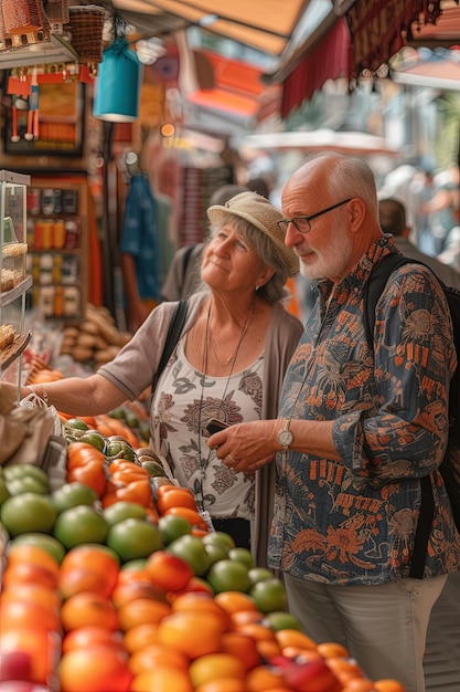 Un couple de touristes âgés faisant leurs courses sur un marché de rue