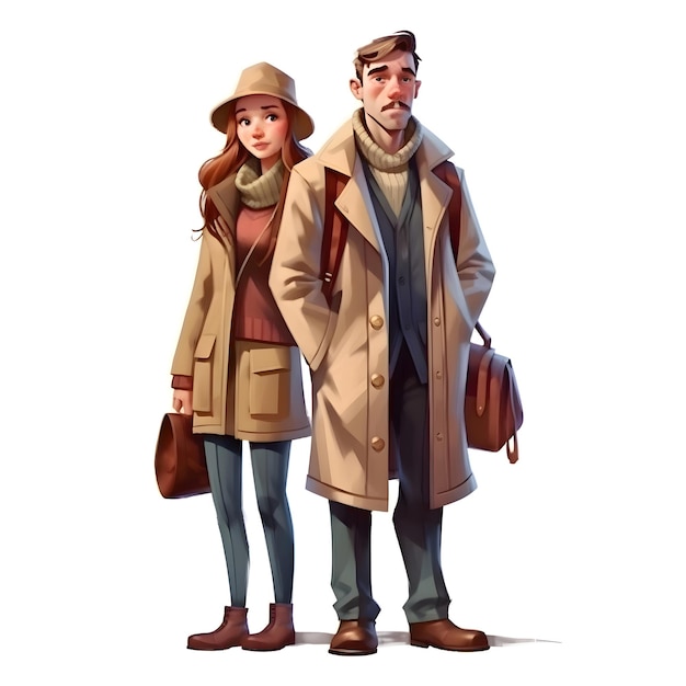 Couple de touristes dans un trench-coat isolé sur blanc