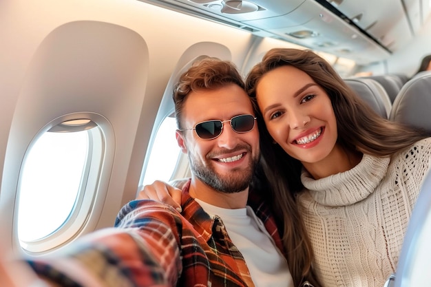 un couple de touristes hétérosexuels heureux qui se font un selfie dans l'avion