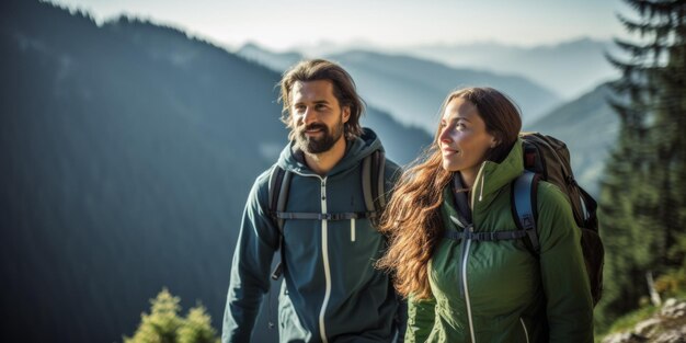 Photo un couple de touristes heureux font une randonnée dans les montagnes alpines générative d'ia