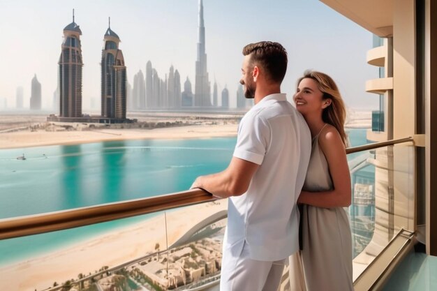 Un couple de touristes heureux en vacances se tient sur un balcon et profite de la vue panoramique