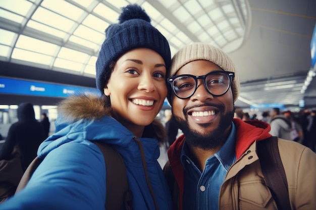 Un couple de touristes multiethniques heureux se font un selfie dans le terminal de l'aéroport.
