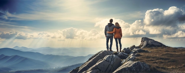 Un couple de touristes réussit dans les montagnes.