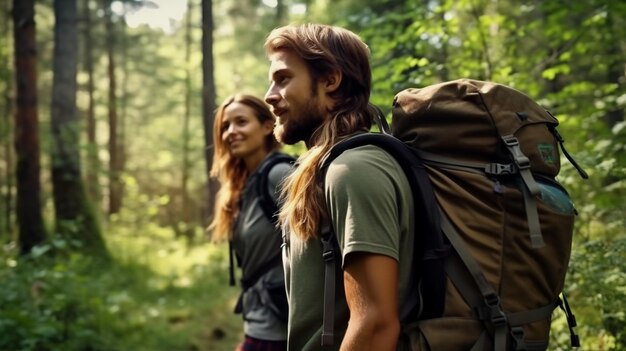 Un couple de touristes avec des sacs à dos voyageant à travers les bois en randonnée en été en forêt randonnée aventure