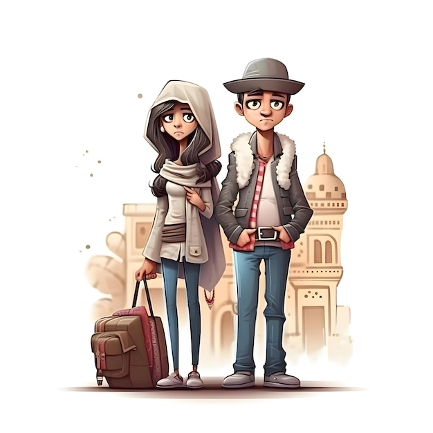 Couple de touristes avec une valise dans la ville Illustration vectorielle