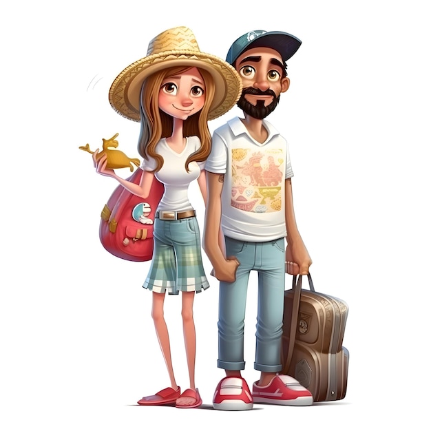 Couple de touristes avec des valises en vacances illustration