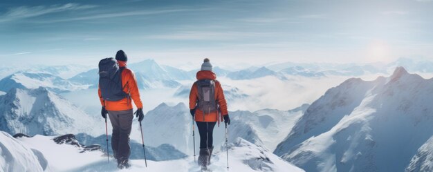 Photo un couple de touristes vêtus de vêtements d'hiver chauds dans la chaîne de montagnes