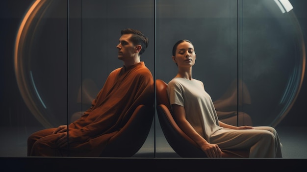 Un couple en train de méditer dans une scène cinématographique zen du futur moderne