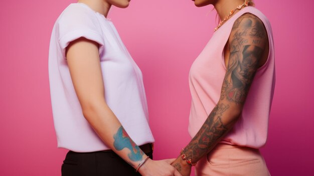 Photo un couple, un transgenre et un cisgenre, affichant fièrement leur encre unique isolée sur fond rose