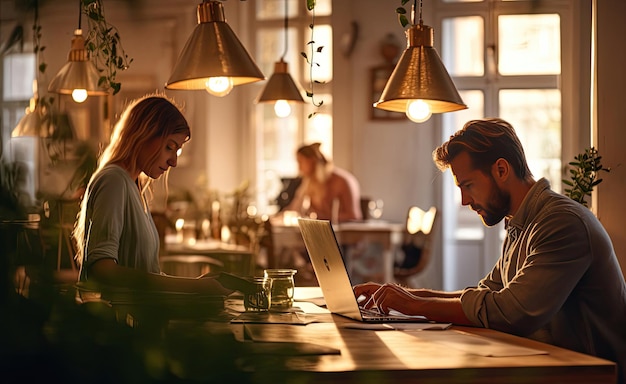 Un couple travaillant ensemble sur un ordinateur portable à une table