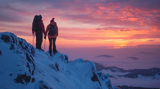 Le couple triomphant embrasse le coucher de soleil hivernal sur le sommet de la montagne