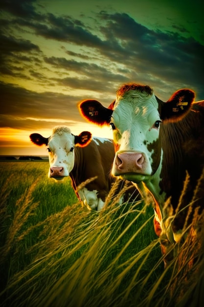Couple de vaches debout sur un champ couvert d'herbe verte luxuriante AI générative